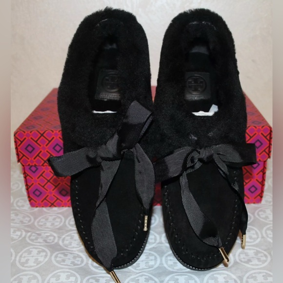 NEW Tory Burch Aberdeen Black Shearling Suede Bow Tie Slip On Slippers size 6 - Picture 3 of 13